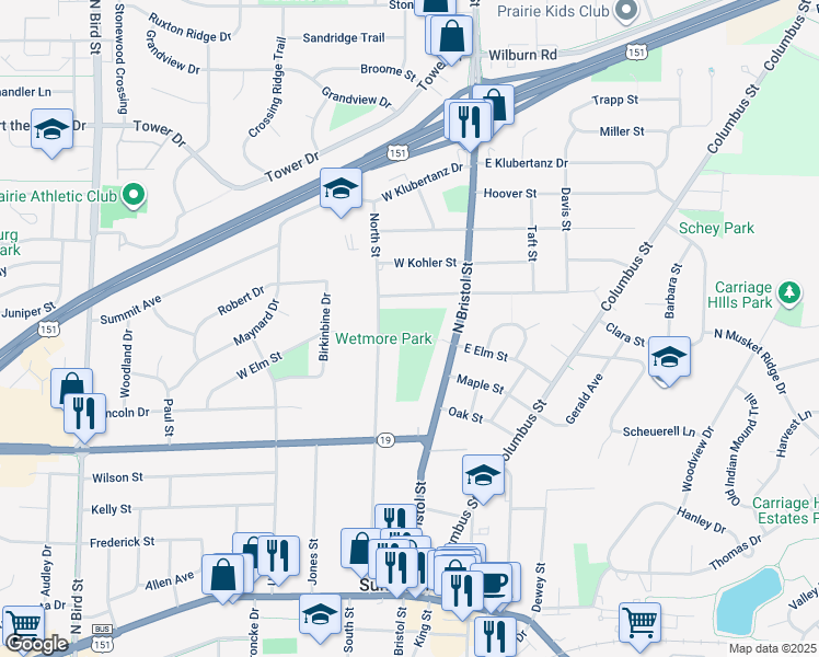 map of restaurants, bars, coffee shops, grocery stores, and more near 555 North Street in Sun Prairie