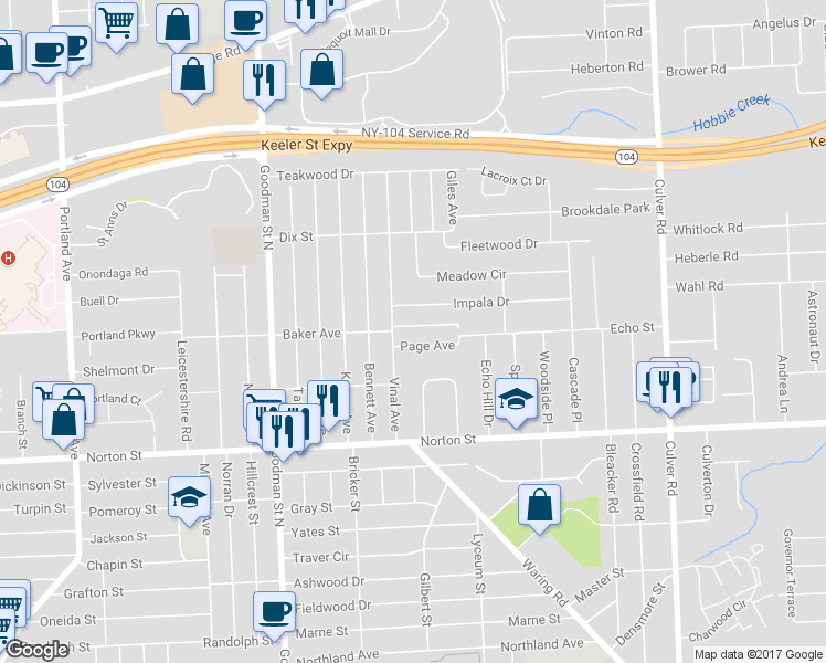 map of restaurants, bars, coffee shops, grocery stores, and more near 469 Sanborn Avenue in Rochester
