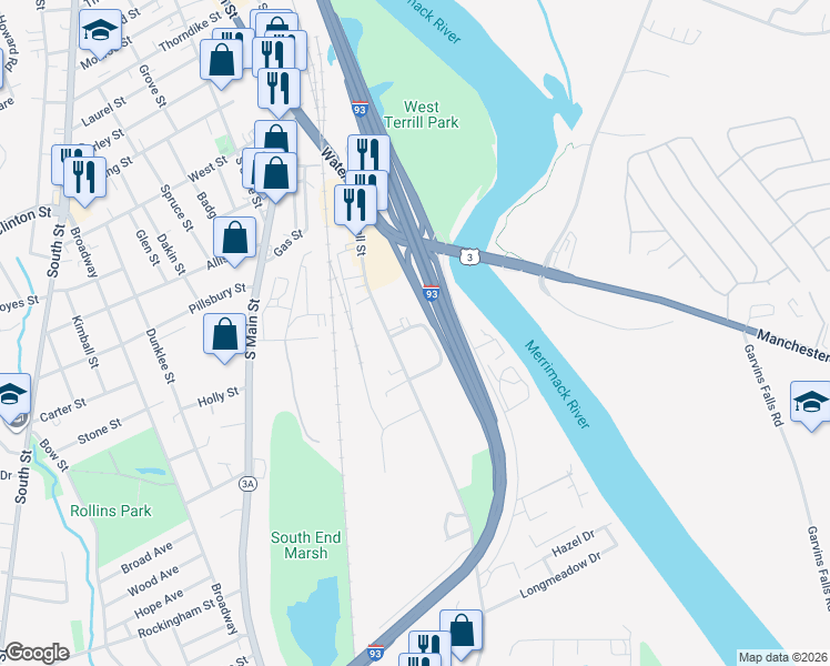 map of restaurants, bars, coffee shops, grocery stores, and more near 21 Hammond Street in Concord