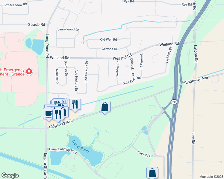 map of restaurants, bars, coffee shops, grocery stores, and more near 205 Weiland Woods Lane in Rochester