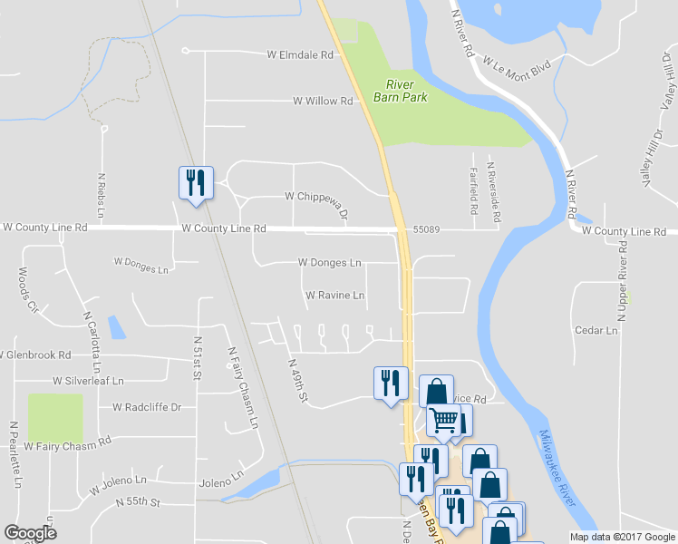map of restaurants, bars, coffee shops, grocery stores, and more near 4595 West Donges Lane in Brown Deer