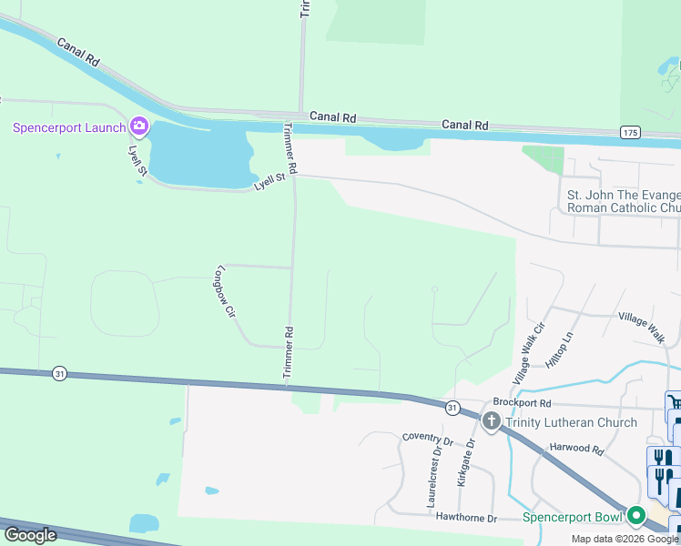 map of restaurants, bars, coffee shops, grocery stores, and more near 22 Holly Circle in Spencerport