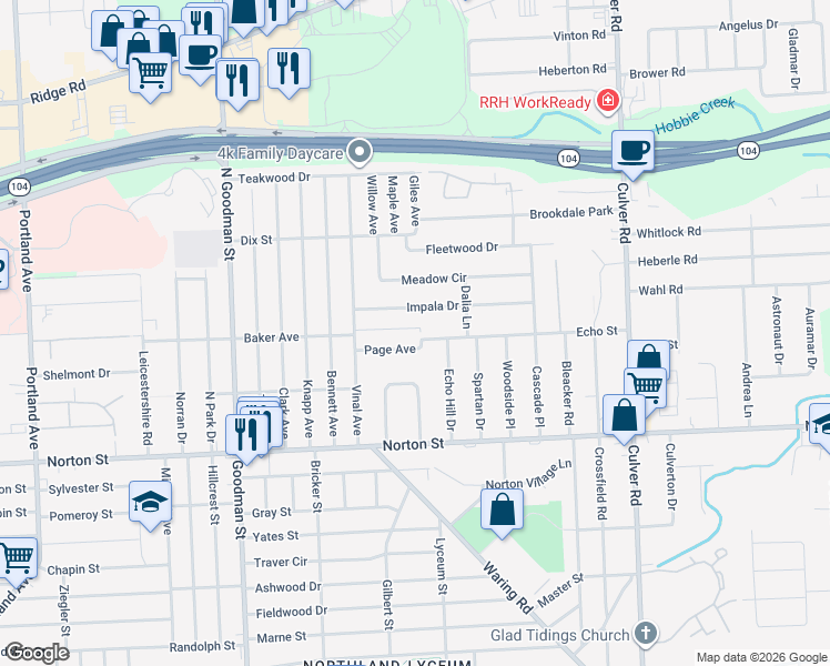 map of restaurants, bars, coffee shops, grocery stores, and more near 525 Sanborn Avenue in Rochester