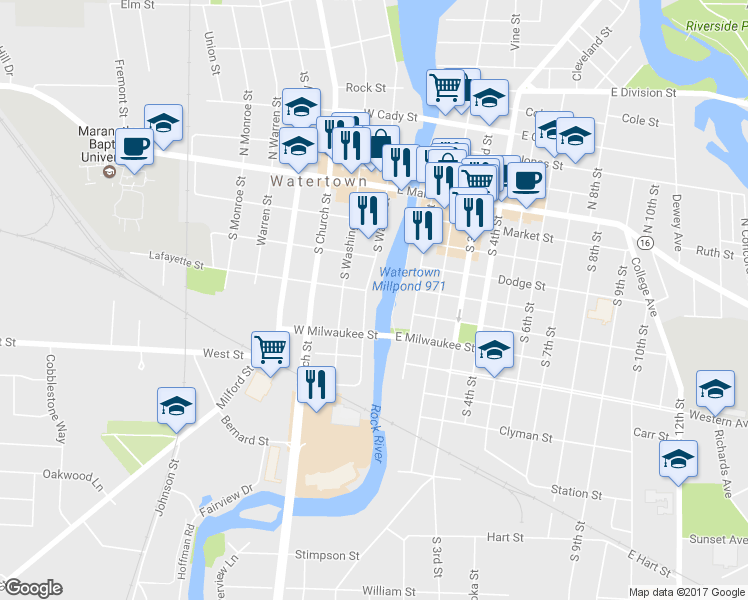 map of restaurants, bars, coffee shops, grocery stores, and more near 401 South Water Street in Watertown