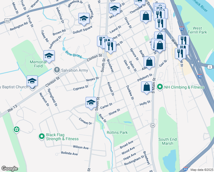 map of restaurants, bars, coffee shops, grocery stores, and more near 1 Gilmore Street in Concord