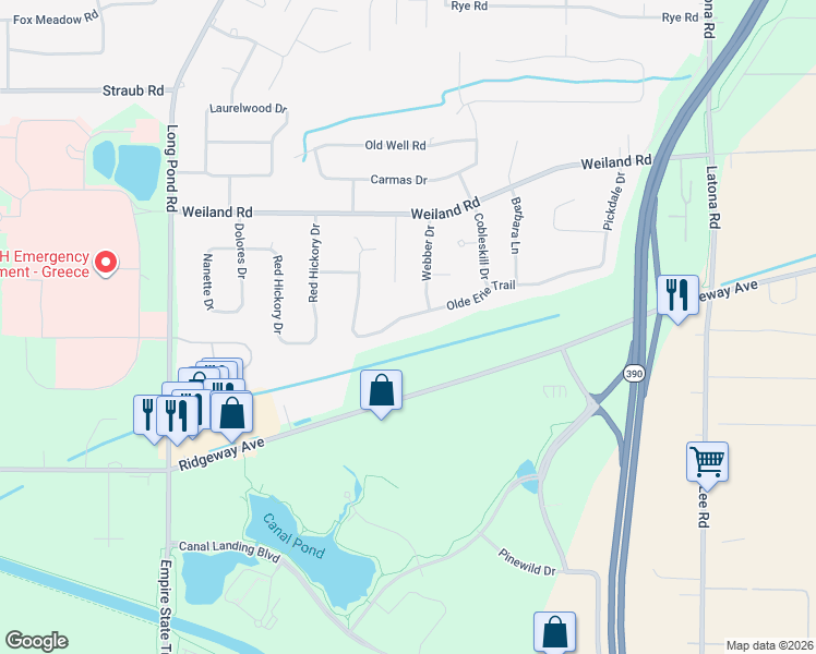 map of restaurants, bars, coffee shops, grocery stores, and more near 205 Weiland Woods Lane in Rochester