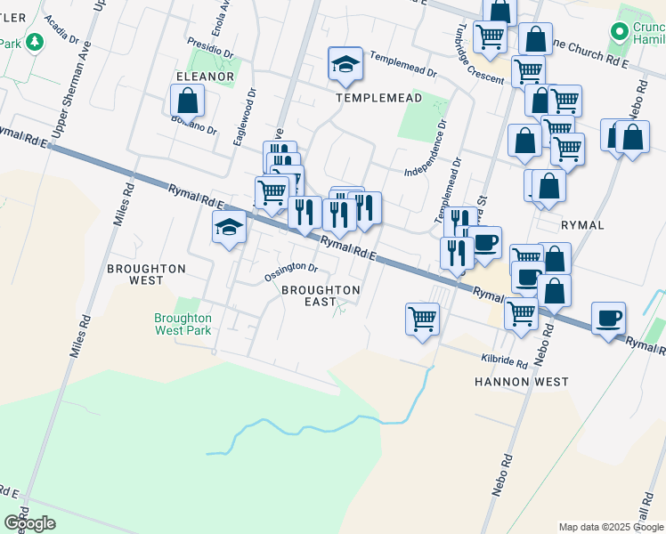 map of restaurants, bars, coffee shops, grocery stores, and more near in Hamilton