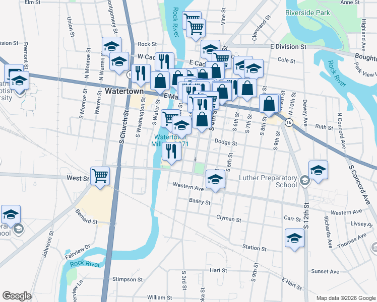 map of restaurants, bars, coffee shops, grocery stores, and more near 501 South 2nd Street in Watertown