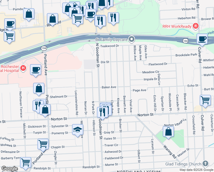 map of restaurants, bars, coffee shops, grocery stores, and more near 162 Taft Avenue in Rochester