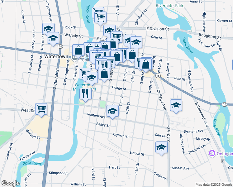 map of restaurants, bars, coffee shops, grocery stores, and more near 413 South 5th Street in Watertown