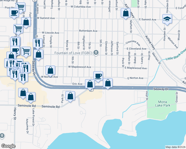 map of restaurants, bars, coffee shops, grocery stores, and more near 3375 6th Street in Muskegon Heights