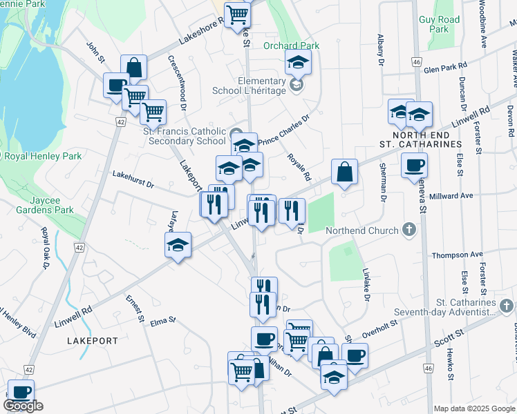 map of restaurants, bars, coffee shops, grocery stores, and more near 159 Linwell Road in St. Catharines