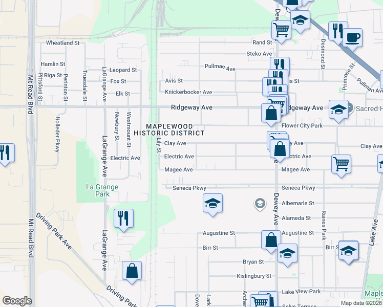 map of restaurants, bars, coffee shops, grocery stores, and more near 428 Electric Avenue in Rochester
