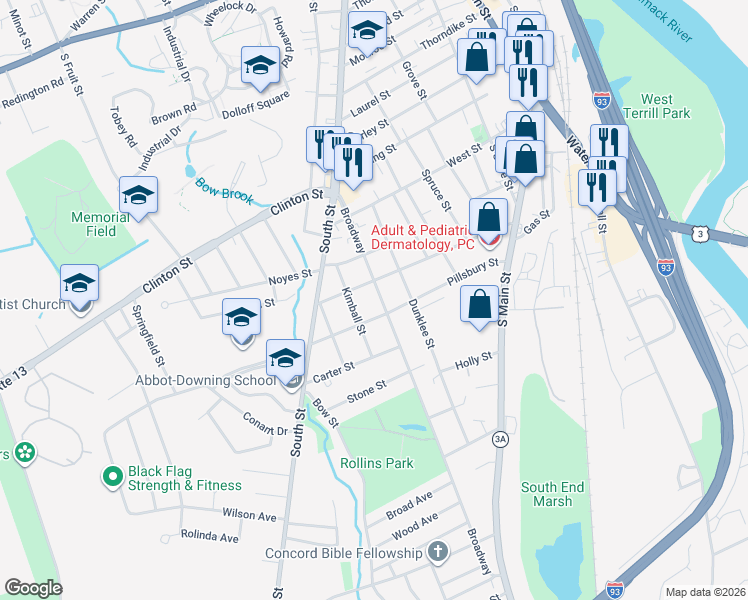 map of restaurants, bars, coffee shops, grocery stores, and more near 48 Broadway in Concord