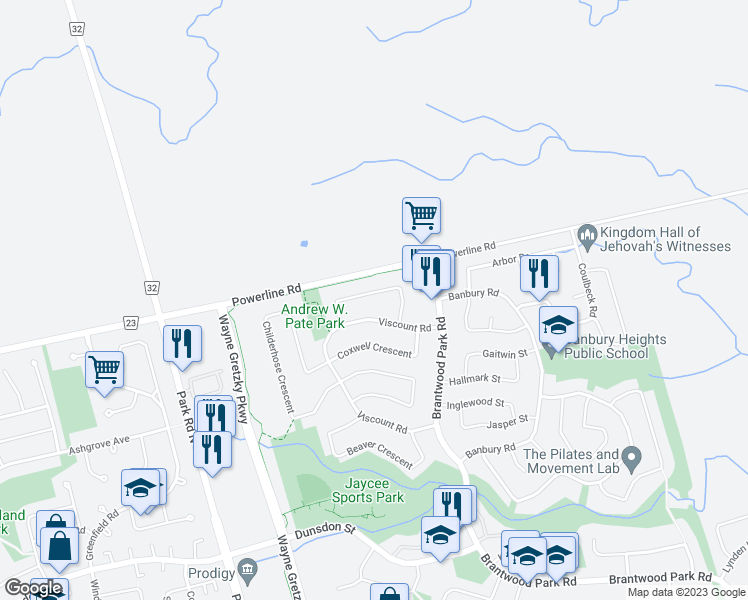map of restaurants, bars, coffee shops, grocery stores, and more near 56 Anastasia Crescent in Brantford