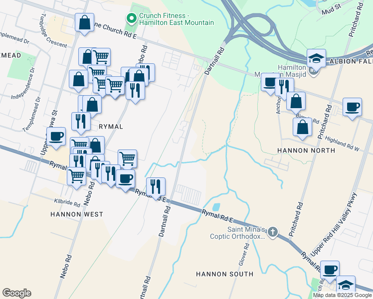 map of restaurants, bars, coffee shops, grocery stores, and more near 97 Dartnall Road in Hamilton