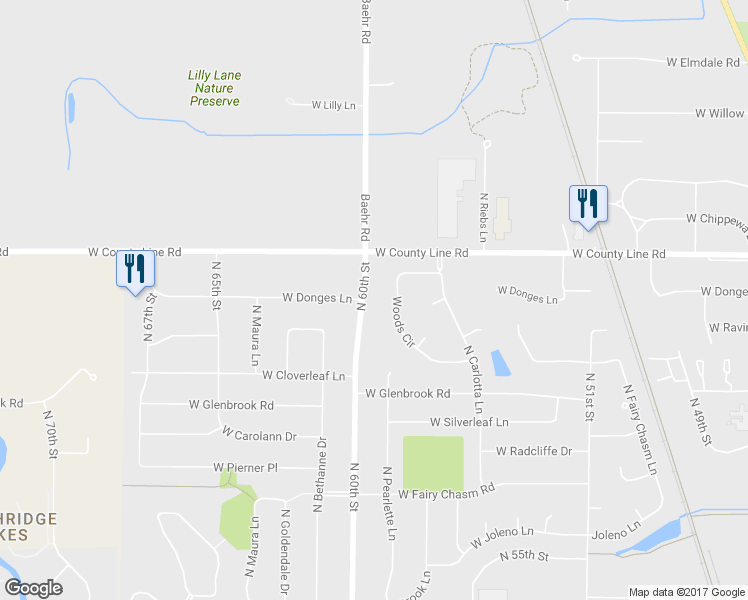 map of restaurants, bars, coffee shops, grocery stores, and more near 9524 North 60th Street in Brown Deer