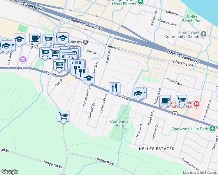 map of restaurants, bars, coffee shops, grocery stores, and more near 89 Main Street East in Grimsby