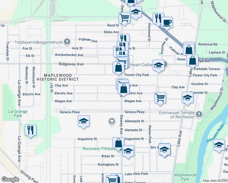 map of restaurants, bars, coffee shops, grocery stores, and more near 210 Electric Avenue in Rochester