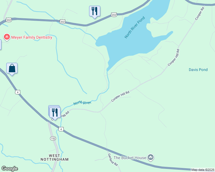 map of restaurants, bars, coffee shops, grocery stores, and more near 18 North River Lake Road in Nottingham