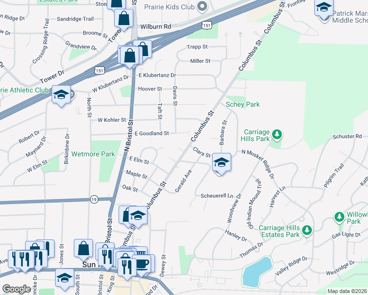 map of restaurants, bars, coffee shops, grocery stores, and more near 316 James Court in Sun Prairie