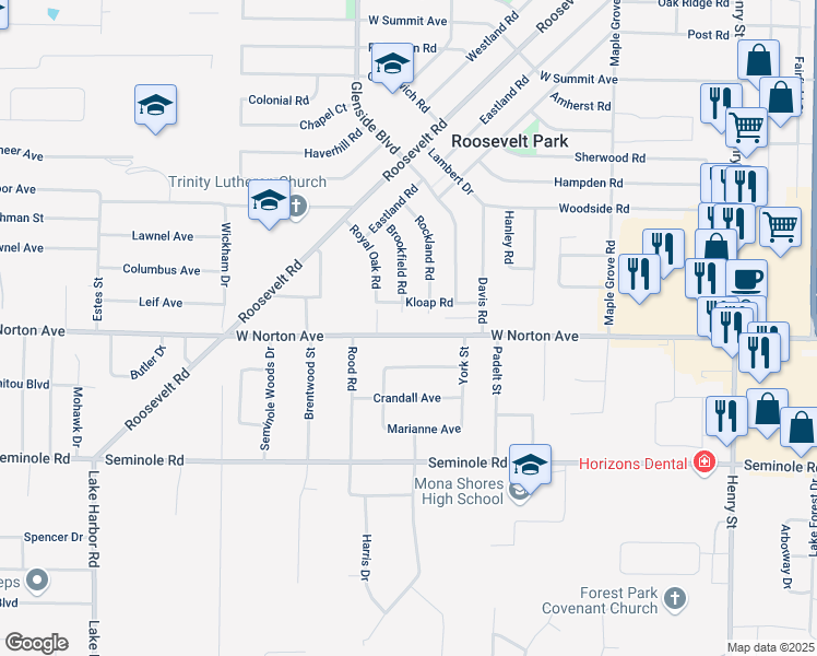 map of restaurants, bars, coffee shops, grocery stores, and more near 1316 West Norton Avenue in Muskegon