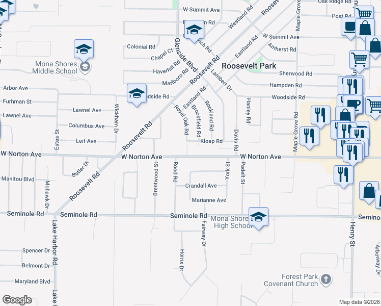 map of restaurants, bars, coffee shops, grocery stores, and more near 1340 West Norton Avenue in Muskegon
