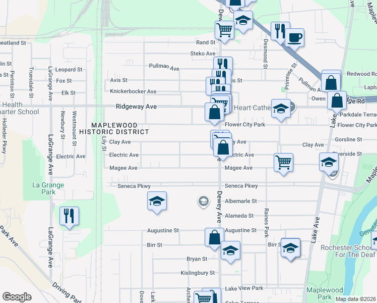 map of restaurants, bars, coffee shops, grocery stores, and more near 264 Electric Avenue in Rochester