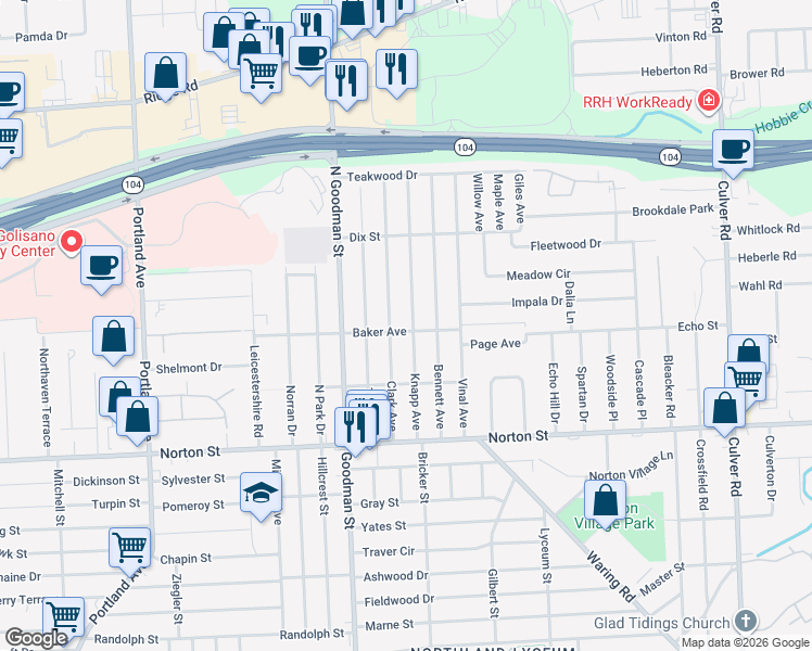 map of restaurants, bars, coffee shops, grocery stores, and more near 155 Knapp Avenue in Irondequoit