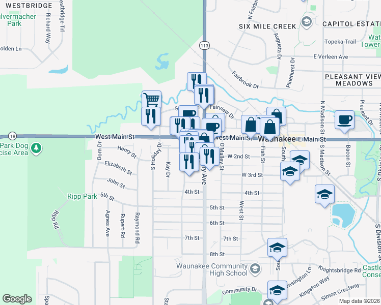 map of restaurants, bars, coffee shops, grocery stores, and more near 221 South Century Avenue in Waunakee