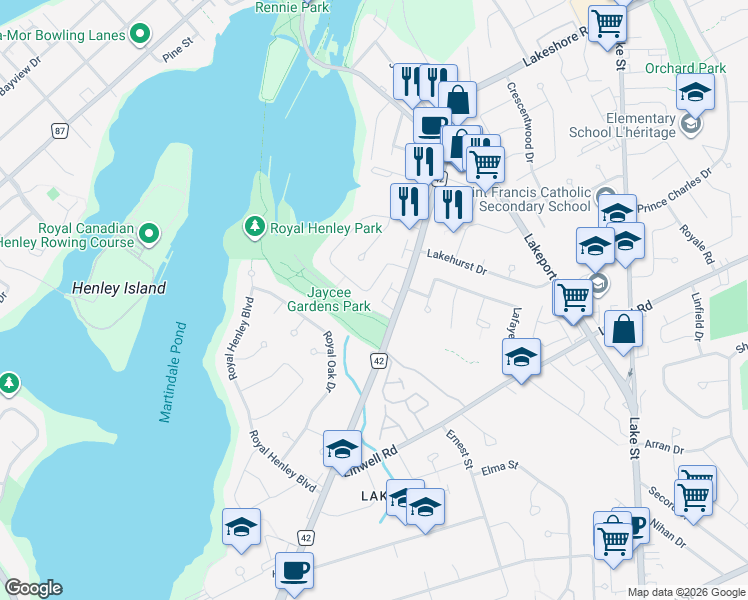 map of restaurants, bars, coffee shops, grocery stores, and more near 74 Ziraldo Road in St. Catharines