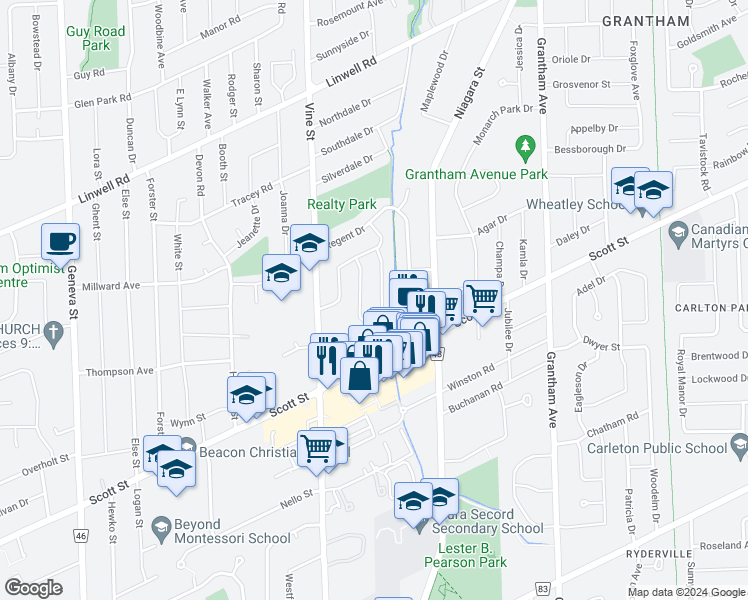 map of restaurants, bars, coffee shops, grocery stores, and more near 47 Highcourt Crescent in St. Catharines