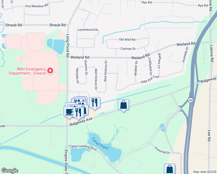 map of restaurants, bars, coffee shops, grocery stores, and more near 114 Red Hickory Drive in Rochester