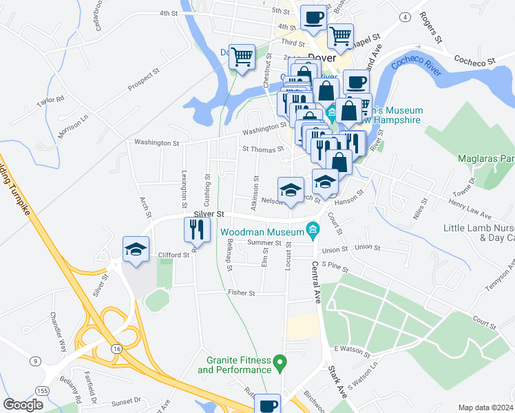 map of restaurants, bars, coffee shops, grocery stores, and more near 73 Atkinson Street in Dover