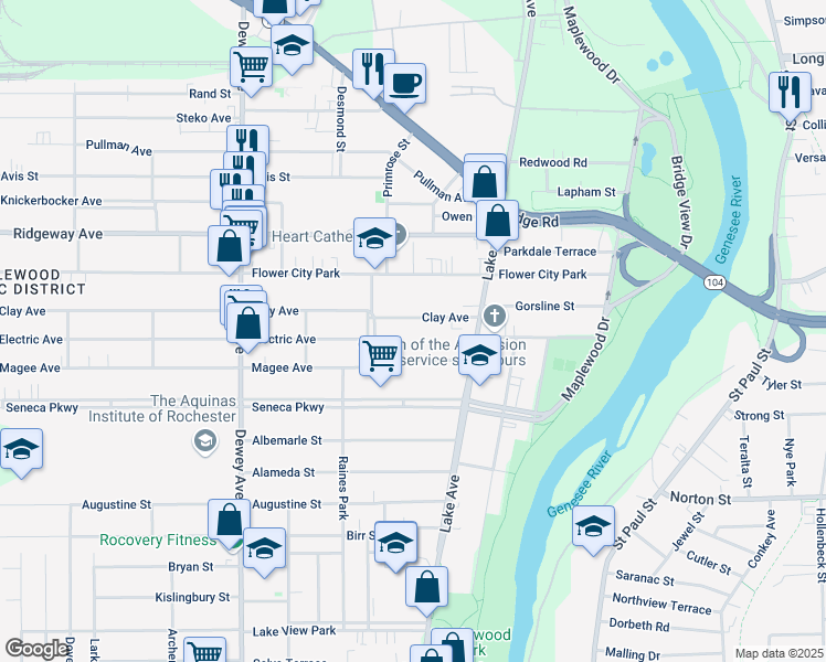 map of restaurants, bars, coffee shops, grocery stores, and more near 99 Clay Avenue in Rochester