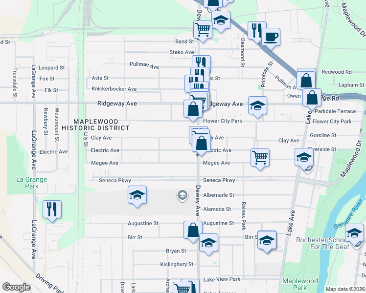 map of restaurants, bars, coffee shops, grocery stores, and more near 210 Electric Avenue in Rochester