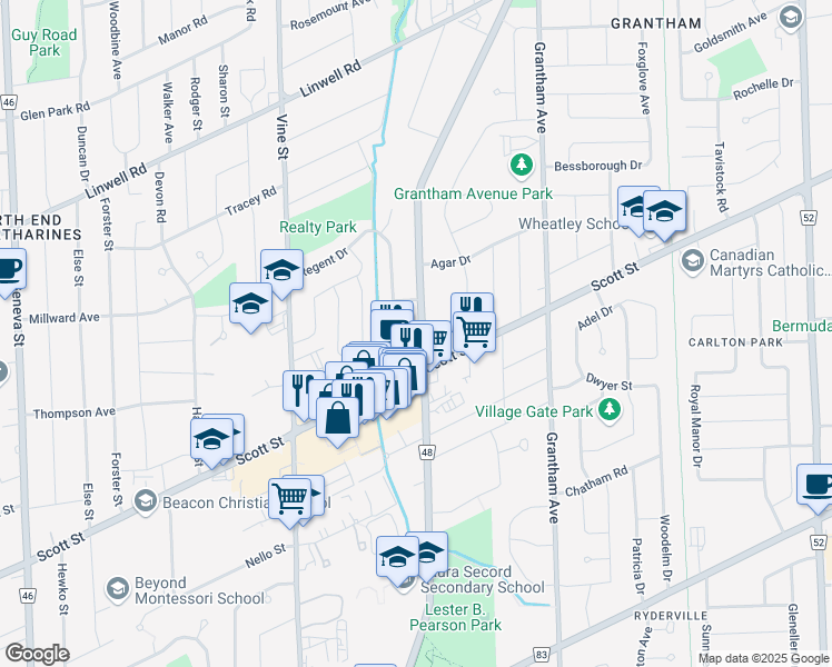map of restaurants, bars, coffee shops, grocery stores, and more near 452 Niagara Street in St. Catharines
