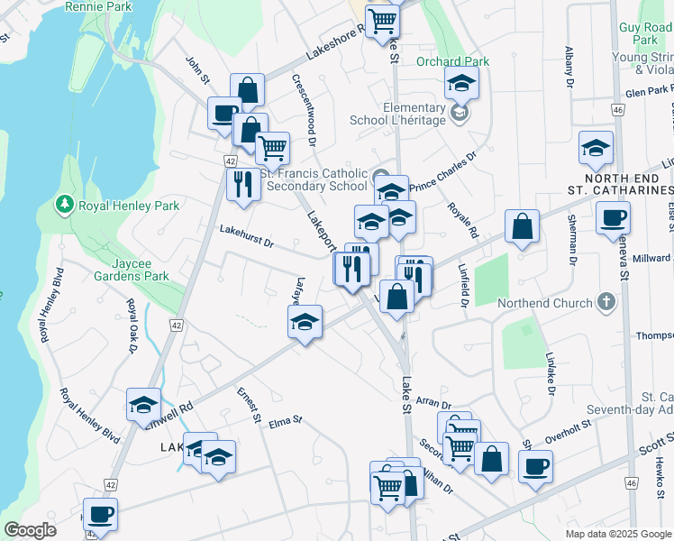 map of restaurants, bars, coffee shops, grocery stores, and more near 72 Lakehurst Drive in St. Catharines