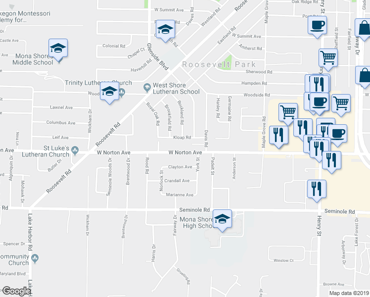 map of restaurants, bars, coffee shops, grocery stores, and more near 1294 West Norton Avenue in Muskegon