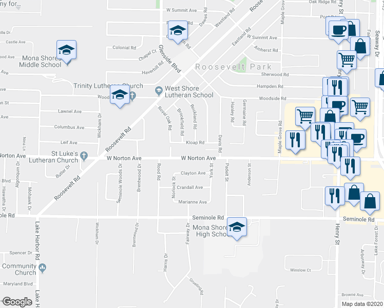 map of restaurants, bars, coffee shops, grocery stores, and more near 1294 West Norton Avenue in Muskegon