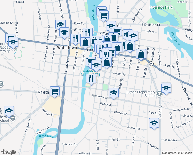 map of restaurants, bars, coffee shops, grocery stores, and more near 501 South 2nd Street in Watertown