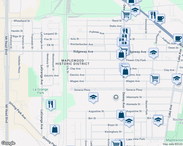 map of restaurants, bars, coffee shops, grocery stores, and more near 376 Electric Avenue in Rochester