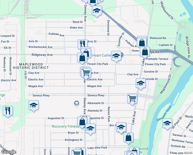 map of restaurants, bars, coffee shops, grocery stores, and more near 104 Electric Ave in Rochester