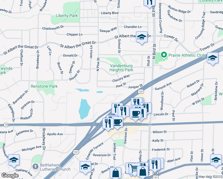 map of restaurants, bars, coffee shops, grocery stores, and more near 1125 Pine Street in Sun Prairie