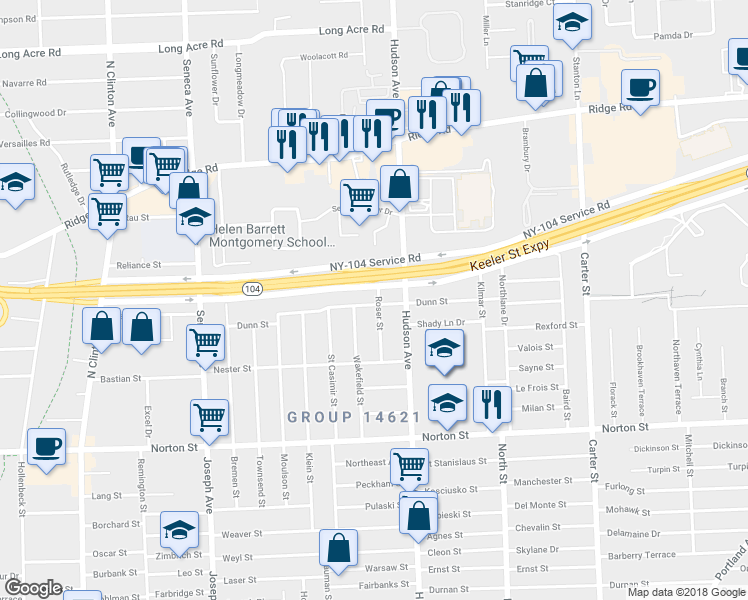 map of restaurants, bars, coffee shops, grocery stores, and more near 89 Roser Street in Rochester