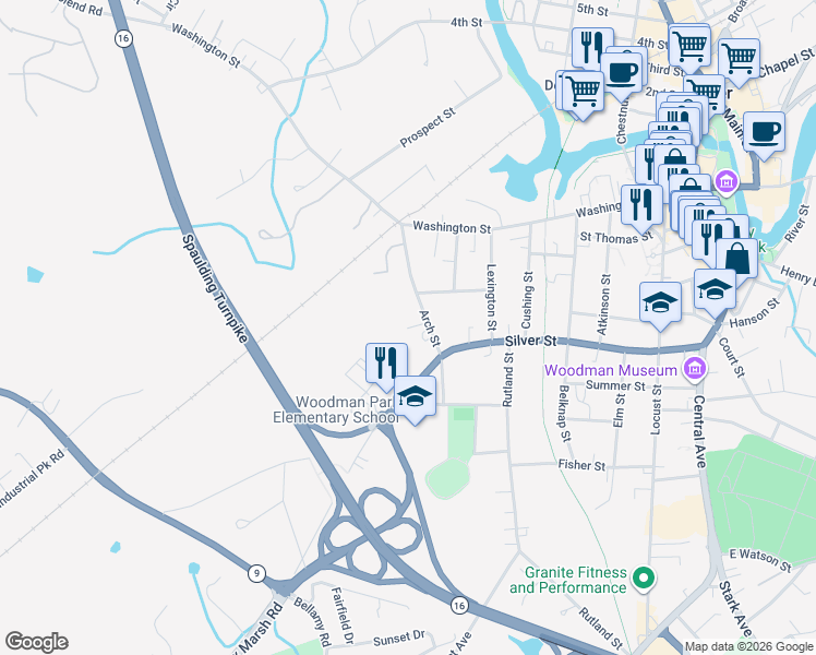 map of restaurants, bars, coffee shops, grocery stores, and more near 10 Arch Street in Dover