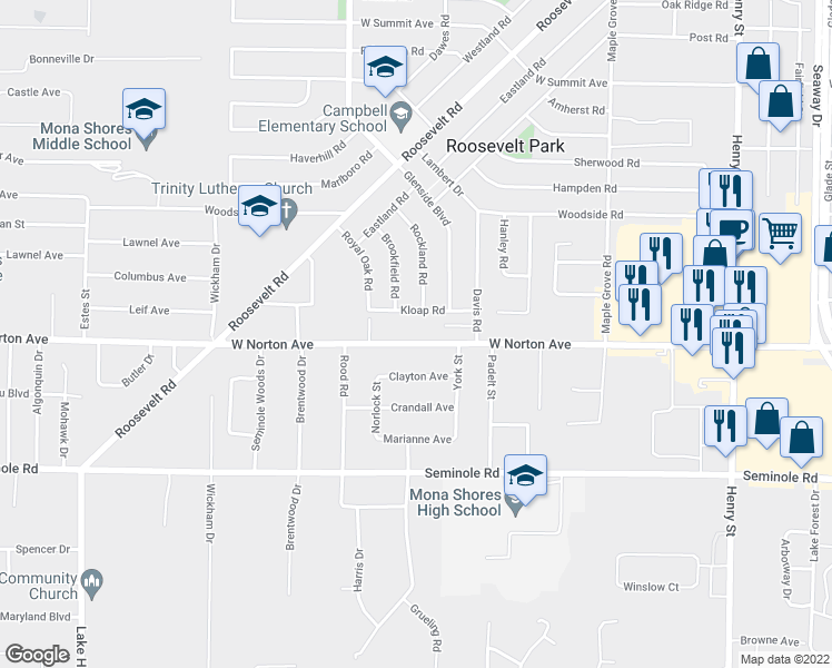 map of restaurants, bars, coffee shops, grocery stores, and more near 1294 West Norton Avenue in Muskegon