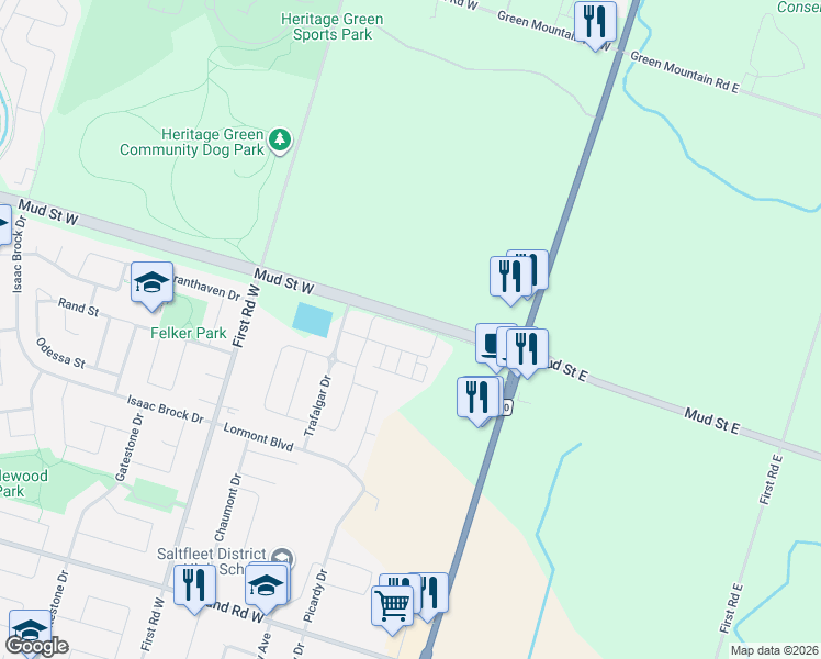 map of restaurants, bars, coffee shops, grocery stores, and more near 93 Penny Lane in Hamilton