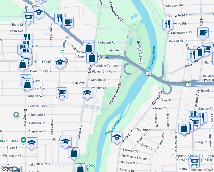 map of restaurants, bars, coffee shops, grocery stores, and more near 28 Riverside Street in Rochester