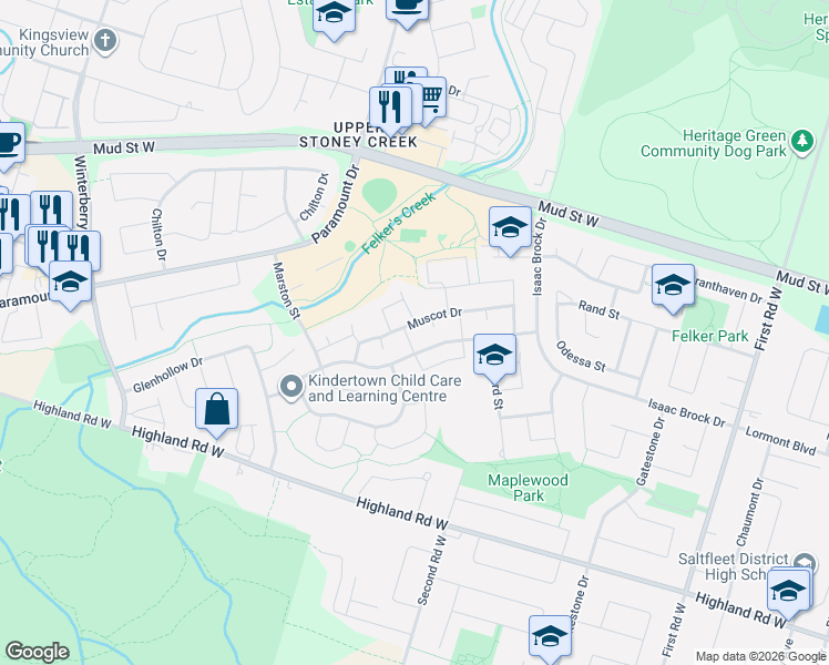 map of restaurants, bars, coffee shops, grocery stores, and more near 8 Dalton Gate in Hamilton